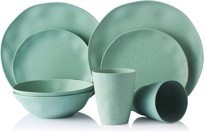 Morgiana 8 pcs Bamboo Sage Green Dinnerware Plates Set Reusable Camping Dish Set, Eco-Friendly Bamboo Plates, Cups, Bowls for 2 Person