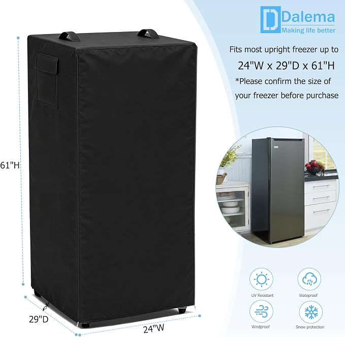 Outdoor Refrigerator Cover,600D Heavy Duty 100% Waterproof Upright Freezer Cover,Outside Stand Up Fridge Covers.Front Can Be Rolled-Up by Zippers.(Black,24" W x 29" D x 61" H)