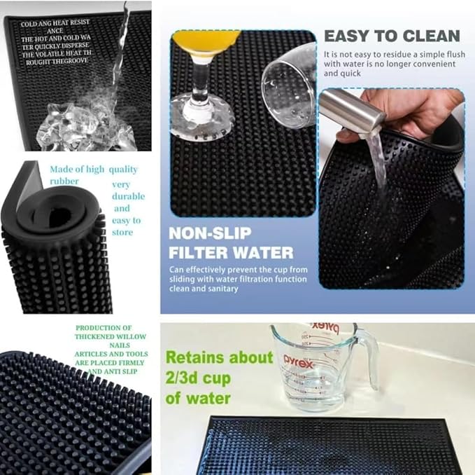 WANGCHAO Bar Mats Set of 4 Nonslip Flexible Rubber Black Bar Service Spill Mat Barber Mats Dish Drying Mat (24" x 3"+18" x 12"+12" x 3"+12" x 6")
