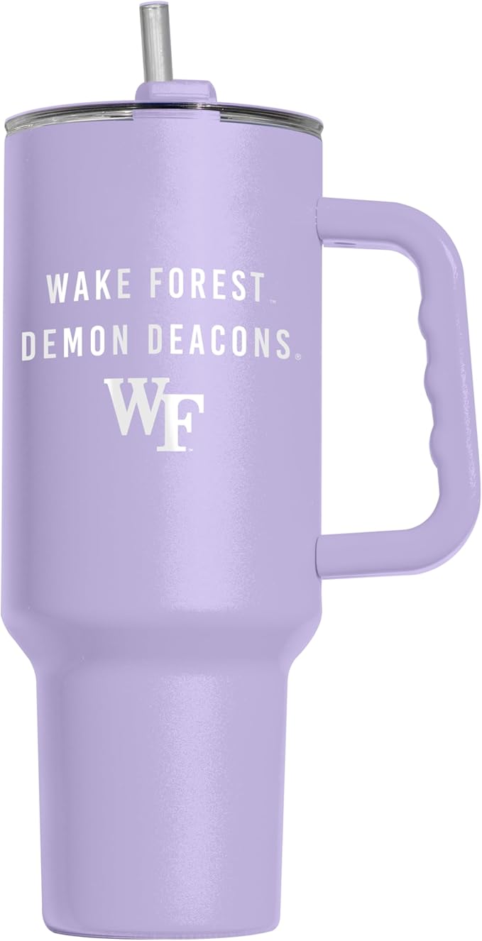 Logo Brands NCAA Wake Forest Demon Deacons Lavender 40 oz Tumbler with Handle - Stylish Everyday Use Powder Coated-Stainless Steel with Straw- Keeps Cold For Hours