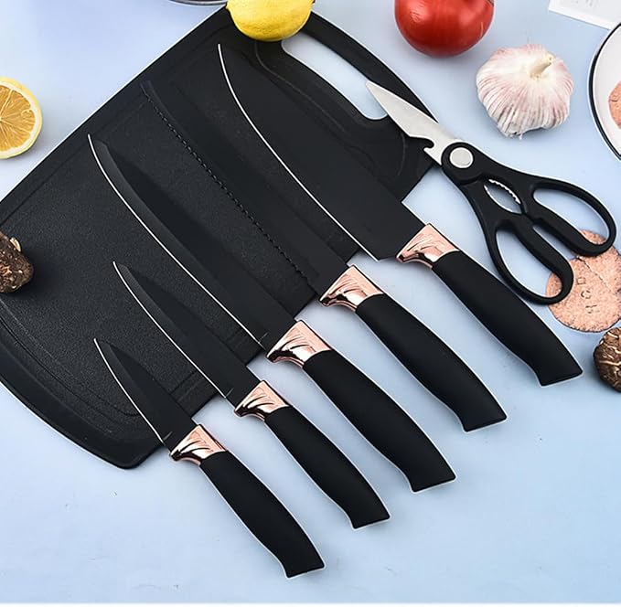 19 Pieces Kitchen Utensil and Knife Set with Storage, with 11 Piece Silicone Cooking Utensils Set 5 ieces Sharp Stainless Steel Chef Knives Scissors Whisk Tongs and Cutting Board, Black