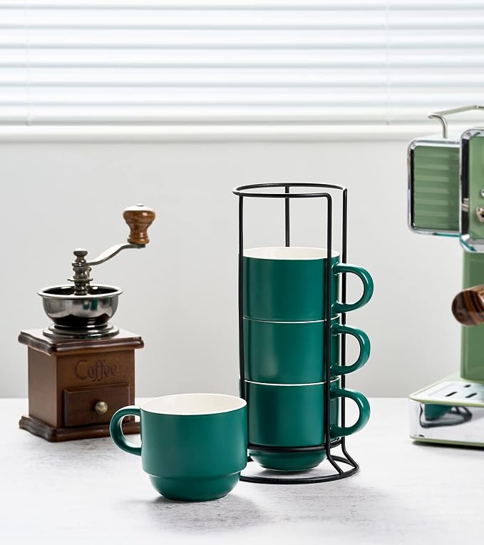 YHOSSEUN Stackable Coffee Mugs, Coffee Mug Set of 4 with Rack and Spoons, 11 oz Tea Cup Set for Espresso Drinks Cappuccino Latte, Coffee Cup Christmas Gift, Dark Green