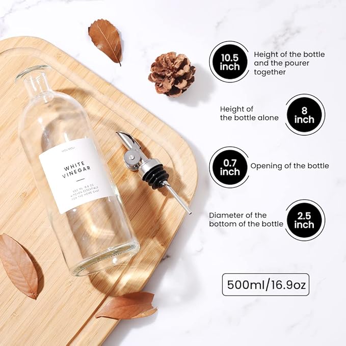 Molimoli Oil and Vinegar Dispenser with Metal Pour Spout, Glass Bottle Dispenser for Kitchen | Weighted Stainless Steel Pourers, Pack of 4 (Pourers), 500ml Oil Bottles Silver