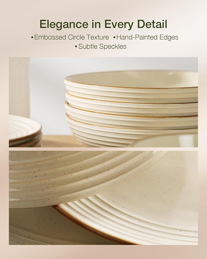 Famiware Jupiter 12-Piece Stoneware Dinnerware Set for 4, Handcrafted Plates and Bowls with Speckles & Embossed Swirls, Chip/Scratch Resistant, Microwave/Dishwasher Safe, Modern Dishes, Vanilla White
