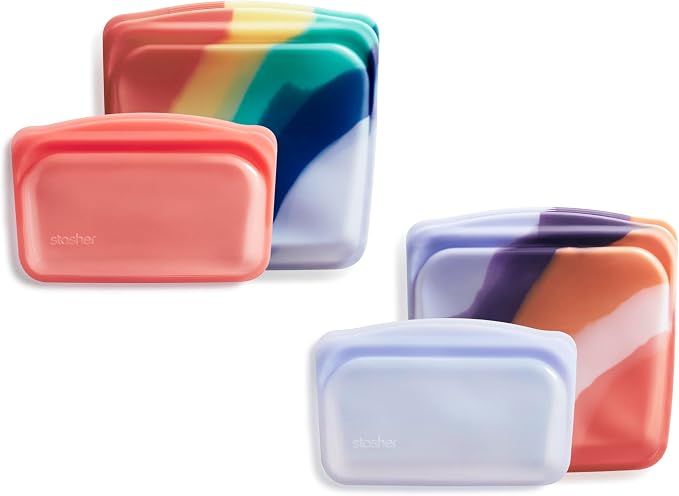 Stasher Silicone Reusable Storage Bags, 4-Pack, Reusable Freezer Bags, Microwave, Dishwasher, Oven Safe, Sous Vide, Premium Lunch Containers, Eco Friendly, Food Storage Bags, Snack Bags, Multicolor