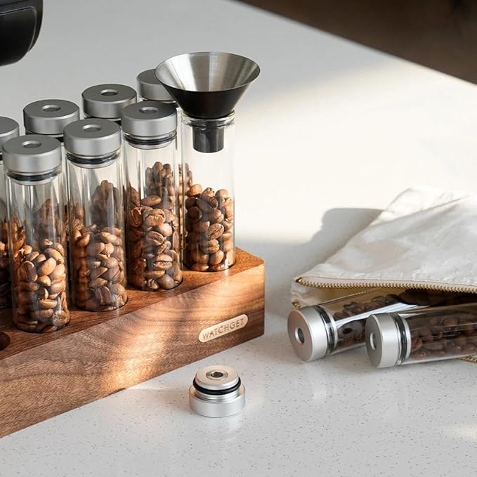 watchget 12-Piece Single Dose Coffee Bean Storage Tubes Coffee Storage Container with One-Way Exhaust Valve, Glass Vials with Walnut Wood Base And Funnel