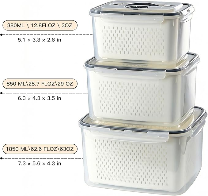 Produce Storage Containers Set with Drain Basket & Lid – Stackable Fridge Organizer Bins for Refrigerator – Fruit & Vegetable Storage Keeper, Berry Container, Lettuce Storage Box (6 Sizes) (3)