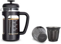 Easyworkz French Press 12 oz, Bundled Stainless Steel Double-Wall Espresso Cups 5 oz Set of 2, Vertical Stripe Design, Gunmetal