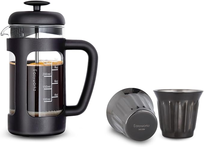 Easyworkz French Press 12 oz, Bundled Stainless Steel Double-Wall Espresso Cups 5 oz Set of 2, Vertical Stripe Design, Gunmetal
