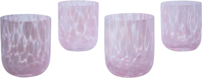 Stephanie Imports Set of 4 Handcrafted Double Old-Fashioned Confetti Drinking Glasses (12 oz) (Baby Pink & White)