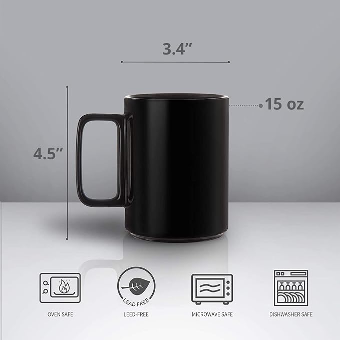 E-liu Porcelain Tea Mugs Coffee Mug Set, Large 15 Ounces Cups for Coffee, Tea, Cocoa, and Mulled Drinks, Set of 6, Black