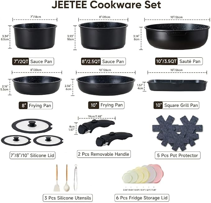 JEETEE Cookware Set (6 Essential Pots & 19 Accessories), Nonstick Pots and Pans with Detachable Handle for Induction Cooking, RV Kitchen Space Saving, PFAS Free, Black