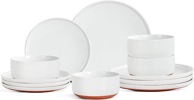 12 Piece Ceramic Plates and Bowls Sets for 4, Elegant White | Stoneware Dinnerware Set, Dishwasher & Microwave Safe, Handcrafted, Perfect for Family and Gatherings