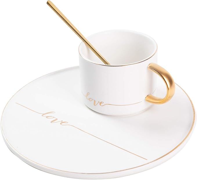TJ Gobal Porcelain Coffee Mug, Tea Cup with Saucer and Golden Spoon with Gold Scripted Love and Trim for Hot Chocolate, Cappuccino, and Latte, 8 Oz. (White)