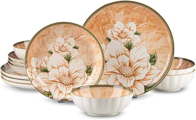 12 Pcs Service for 4 Ceramic Dinnerware Set, Elegant Camellia | Thanksgiving Dinner, Vintage Table Deco, Stackable Porcelain Plates and bowls, Microwave & Dishwasher Safe