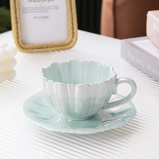 amokk Porcelain Coffee Mugs Flower Shaped Tea Cup and Saucer Set for Housewarming Gift Home Decor (Blue)