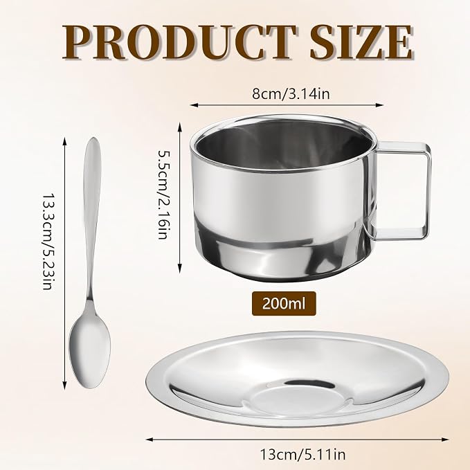 304 Stainless Steel Coffee Cups with Spoon & Saucer, 6.8 Oz Metal Espresso Mugs, Double Walled Insulated Espresso Coffee Cup for Cappuccino Latte Milk Tea Beverages (1 Set，200 ml)
