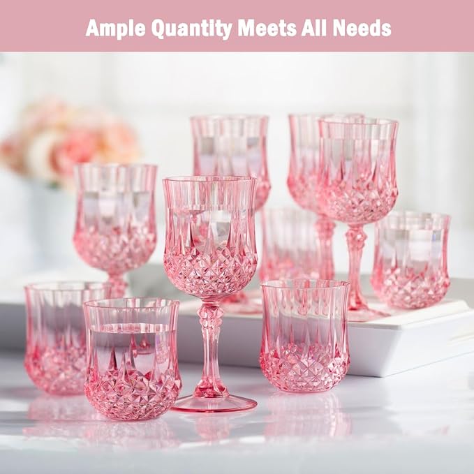 Plastic Wine Glasses, Plastic Goblets Vintage Style Cordial Unbreakable Drinking Glasses,Reusable Drinkware for Wedding Reception, Grand Event Party Supplies (12, Pink)