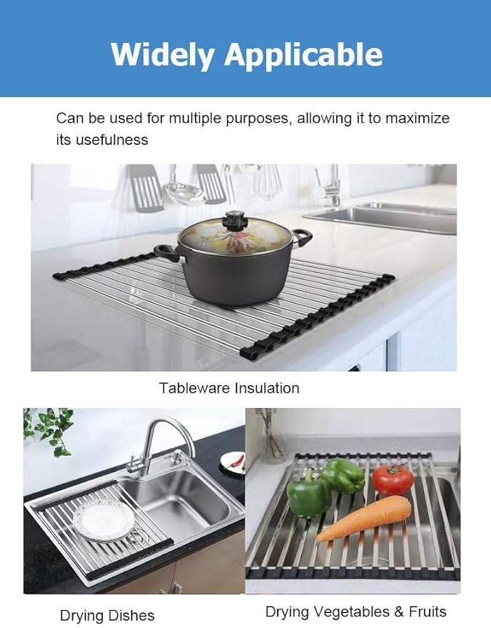 Roll Up Over The Sink Dish Drying Rack, 32-60CM Multipurpose Foldable Sink Cutting Board Dish Rack Mat for Kitchen Counter RV Camper Accessories Travel Trailer(Green,L 48cm/18.9in)