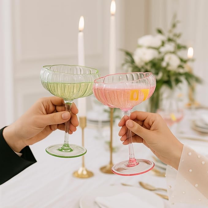 Khen Flower Vintage Wavy Glass Coupes Martini, Champagne & Cocktail Coupes - Set of 6-7oz Colorful Cocktail Glasses & Champagne, Prosecco, Mimosa Glassware Copyright Design - Bright Colors