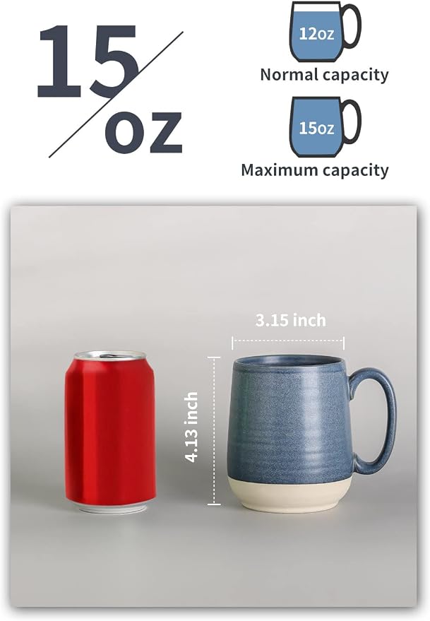 HASENSE Ceramic Large Coffee Mugs Set of 4-15 Ounce Porcelain Coffee Cups Set with Handle Perfect for Tea, Cocoa, Latte, Milk and Cappuccino, Modern Tea Cups Set for Man and Woman, Dark Blue