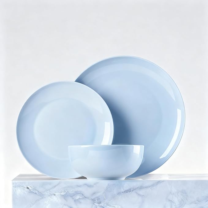 KINGSTONE 12-Piece Bone China Dinnerware Set for 4, Lightweight Porcelain Round Plates and Bowls Set, Durable Scratch Resistant Ceramic Dinner Set, Microwave & Dishwasher Safe, Misty Blue