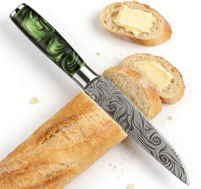 6-Piece Premium Japanese Kitchen Knife Set - Imperial Collection, Laser Damascus Pattern, 440A Stainless Steel Ultra Sharp for Fast Cutting (Green Steak Knife)
