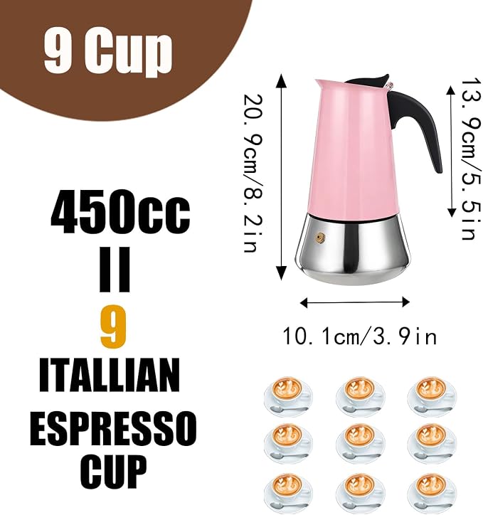 9 Cup Stovetop Espresso Maker Stainless Steel Moka Pot Stove Top Percolator Italian Coffee Makers Capable Mocha Greca Machine Cafe Classic Induction Cookers for Home and Camping 450ml 15oz