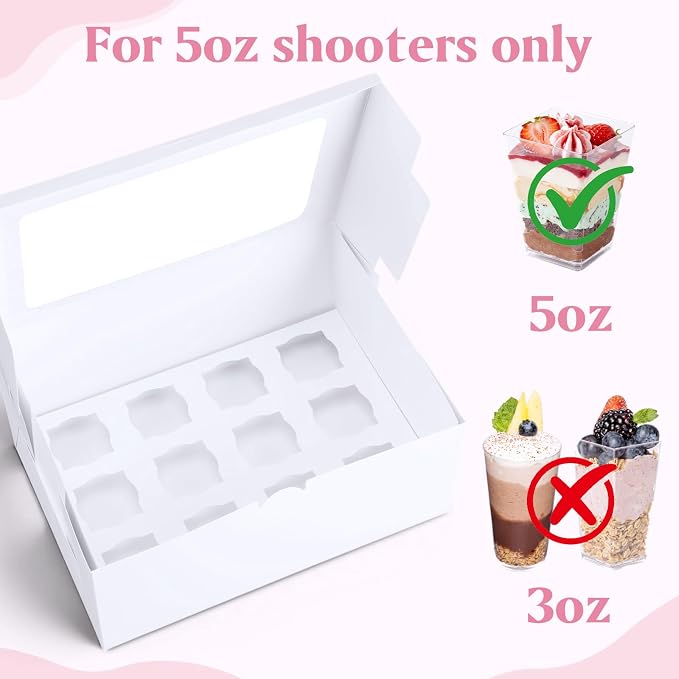 15 Pack Dessert Shooter Box with Window, Holds 12 Count 5 oz Square or Round Cups, Disposable Dessert Carrier for Party & Catering, 12.8 x 8.8 x 5.5 Inch