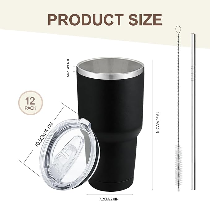 YOUKE OLA 12 Pack Insulated Tumbler 30oz Powder Coated Stainless Steel Double Wall Vacuum Travel Coffee Tumbler Cup with Lid and Straw for DIY Gift (Mixed Colors)