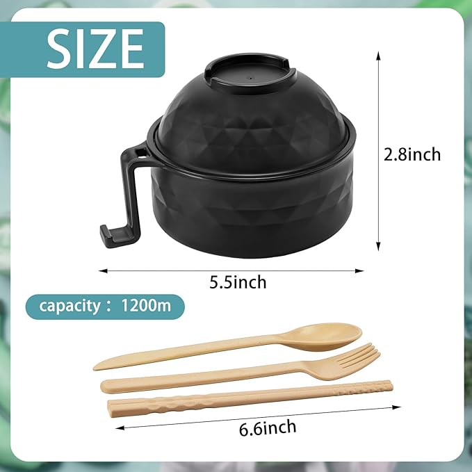2 Sets Microwave Ramen Bowl 40 oz Wheat Fiber Portable Instant Noodle Cooker Bowl with Handles Strainer Spoon Chopstick Fork College Dorm Room Apartment Essentials(Black,Dark Green)