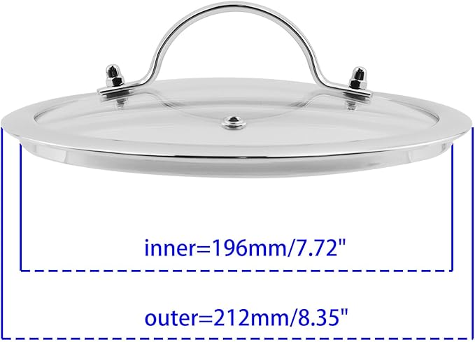 Woogim Tempered Glass Pan Lid with Steam Vent 8”,Wide Edge for Secure Seal,Thickened to 4mm,Dishwasher Safe and Oven Up to 480℉,Stainless Steel Handle Glass Lids for Frying Pans,Sauce Pots & Woks