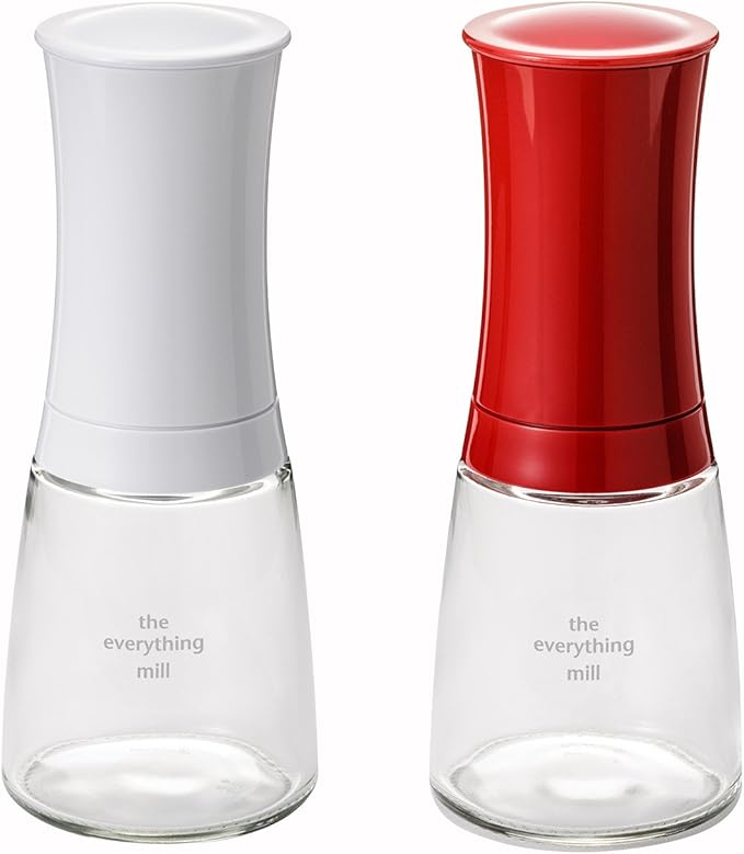 Kyocera 2-Piece Pepper, Salt, Seed and Spice Everything Mill Set with Adjustable Advanced Ceramic Grinder, Brilliant White/Candy Apple Red , 3.5”H x 4.8”W x 7.9”L