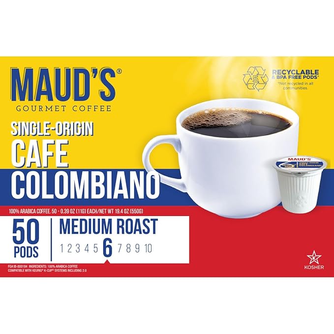 Maud's Colombian Coffee Pods, 50 ct, Single Origin, Medium Roast Coffee in Single Serve Pods – 100% Arabica Coffee, Compatible with Keurig K Cups Maker