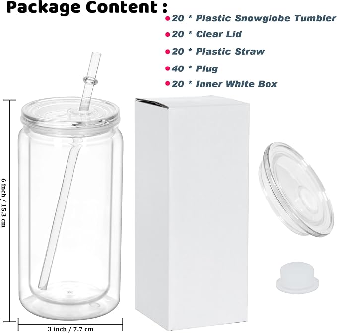 16 Oz Acrylic Snowglobe Tumbler, 20 Pack Pre-Drilled Double Wall Plastic Clear Cup for Glitter Snow Globe Diy, Double Wall Plastic Snowglobe Cup with Clear Lid