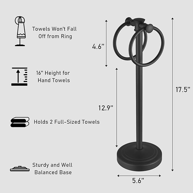 Hoimpro 17" Matte Black Stainless Steel Standing Towel Rack Double Towel Ring Hand Towel Stand Holder, Bathroom Accessories Set Hardware Towel Bar Hanger for Bathroom Vanity and Kitchen Countertops