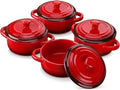 LOVECASA Mini Cocotte Set,12 OZ Small Casserole Dishes with Lids, Soup Bowls With Handles,Individual Baking Ramekins,Oven, Microwave & Dishwasher Safe,Set of 4,Red