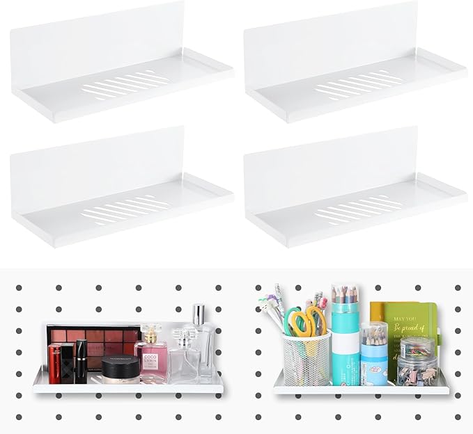 Therwen 4 Pack Magnetic Pegboard Shelves Wall Organizer Metal Pegboard Shelf Steel Tray Accessories Organizing Tools for Craft Home Kitchen(12 x 4.8 x 3.6 Inches,White)