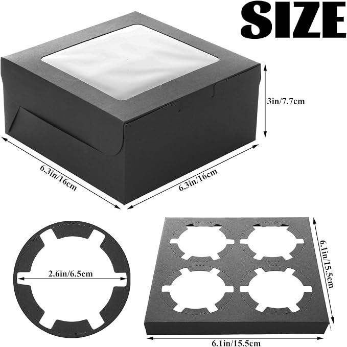 100 Pcs Cupcake Boxes, Cupcake Box Set, Black Pastry Boxes with Window and 4-Cup Inserts, 6x6x3 in Bakery Cartons for Cookies, Cakes, Muffins, Dessert Transport