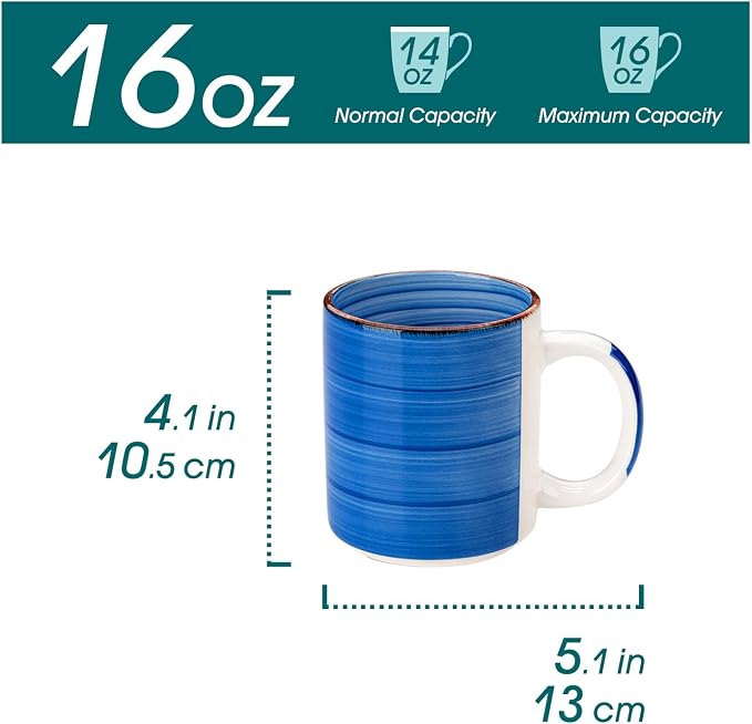 vancasso Bonita Ceramic Coffee Mug Set of 6,16 Oz Coffee Cups with Large Handle for Tea,Latte,Cappuccino,Milk,Cocoa,Dishwasher&Microwave Safe(Blue)