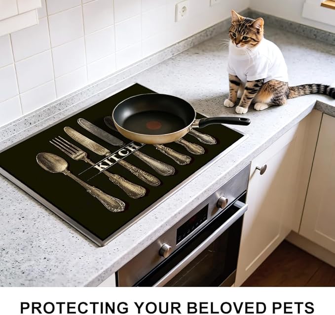 Stove Mat 28.35 x 20.47 Inch Vintage Cutlery Display with Classic Spoon Fork Knife on Dark Background Rustic Kitchen Art Style Timeless Antique Decor Look