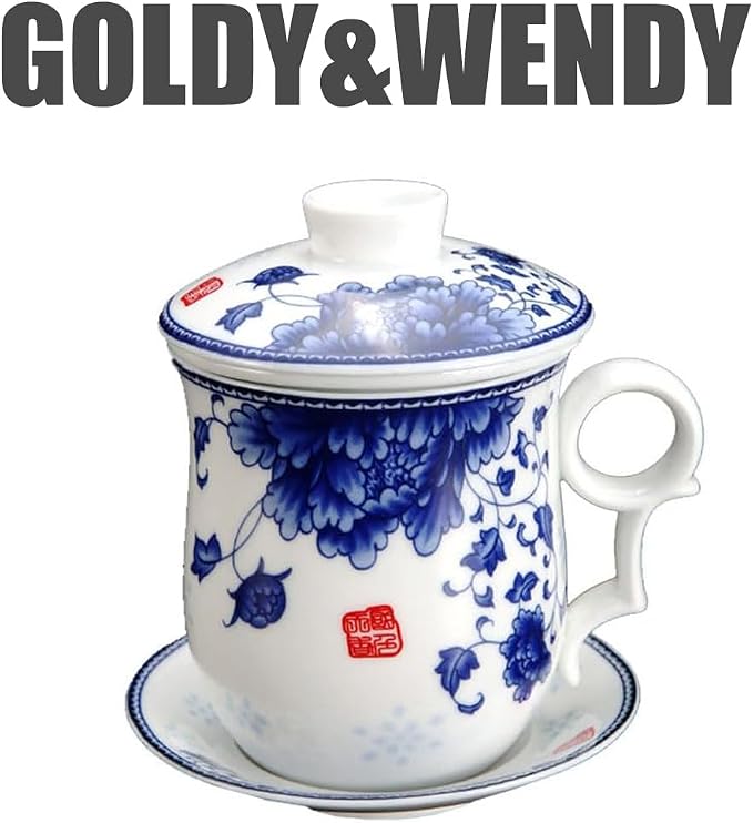 GOLDY&WENDY Elegant Chinese Style Ceramic Tea Cup Porcelain Tea Mug with Infuser Lid and Saucer Sets
