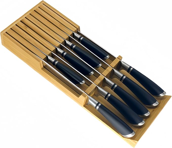 Bamboo Knife Drawer Storage Organizer Insert | 9-Slot Kitchen Knife Block with Anti-Slip Design| Space-Saving Kitchen Storage (16.55"x6.05"x2.05")