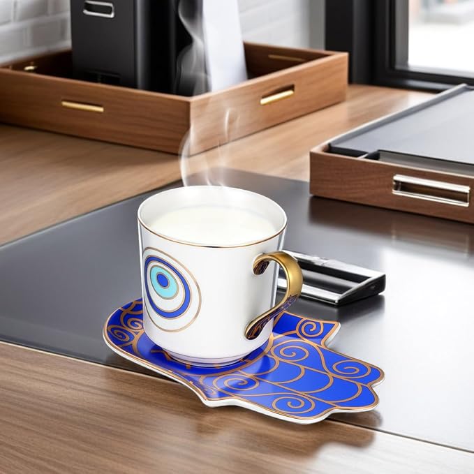 Kichvoe Evil Eye Coffee Mug with Saucer Set Ceramic Porcelain Tea Cup 4.13X2.95X2.95 Inch Microwave Dishwasher Safe for Home Office Beverage Milk Water