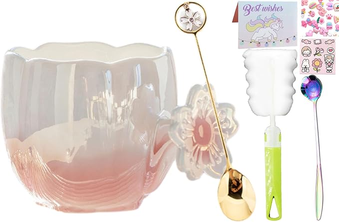 Pearl Ceramic Coffee Mug for Tea Latte Milk Cute Love Shape Cup for Home Office Women Gift 6.5 oz (cherry pink, 350 ml)