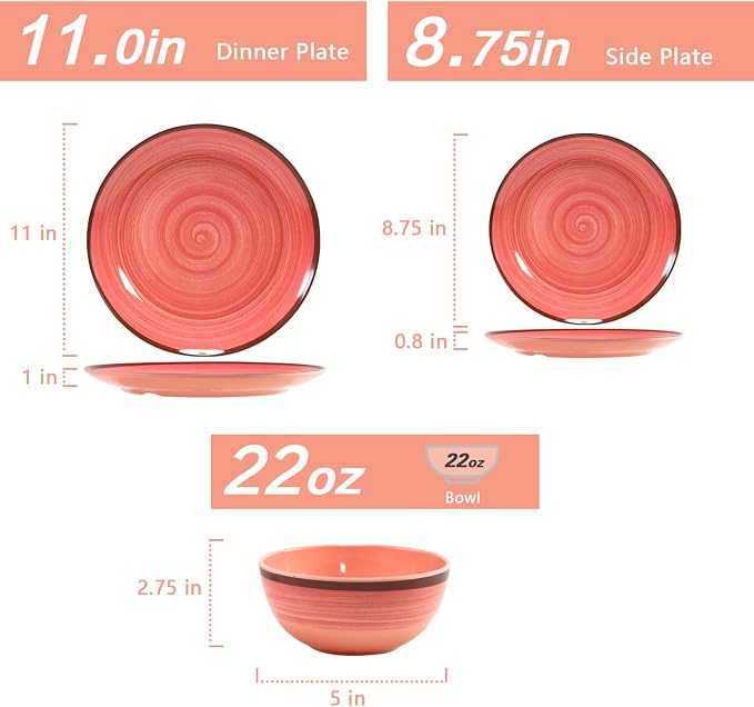 Melamine Plates and Bowls Sets, 12 Pcs Unbreakable Round Dinnerware Sets for 4, Decorative Reusable Kitchen Dishware, Lightweight for Camping RV Outdoor & Dishwasher Safe, Pink Thread