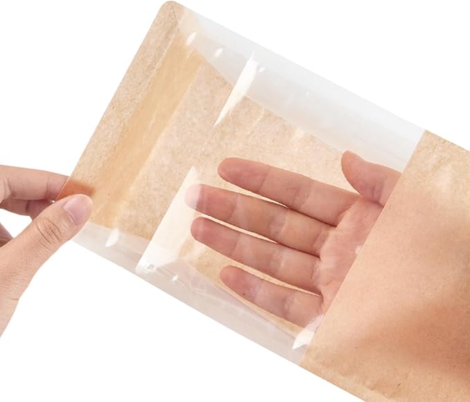 Ocmoiy 100Pcs Bakery Bags with Window, Resealable Tin Tie Tab Lock Bread Storage Bag, Clear Front Snack Bags for Packaging Cookies, Loaf, Popcorn, Paper Treat Bags
