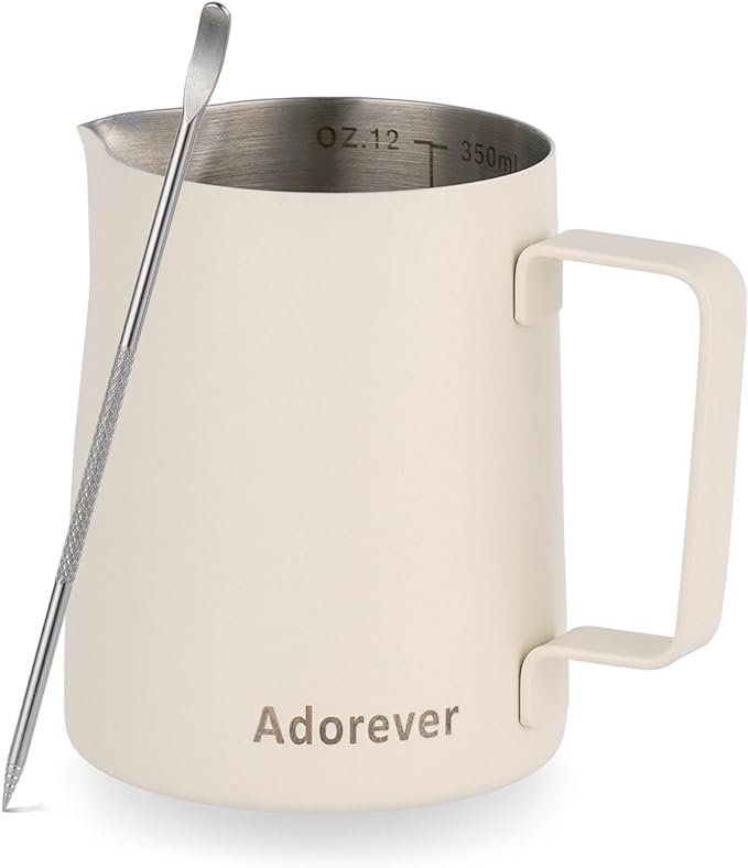 Milk Frothing Pitcher, 350ml/12oz Steaming Pitchers Stainless Steel Milk Coffee Cappuccino Latte Art Barista Steam Pitchers Milk Jug Cup with Decorating Art Pen, Matte White