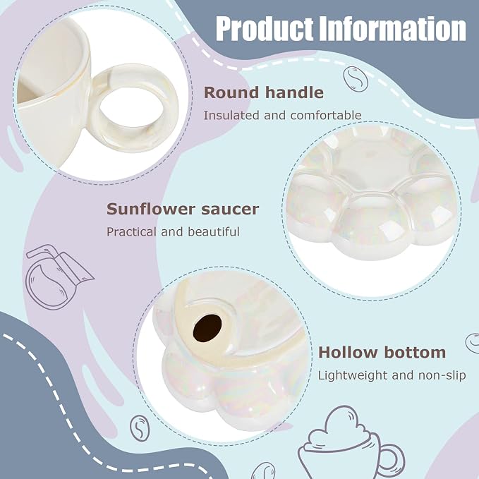 Tessco 2 Pieces Ceramic Coffee Cloud Mug Cup with Saucer, 7oz Cute Ceramic Mug with Coaster Set for Women Gift Home Office Tea Latte Milk Holiday, Pink and Pearl White(Sunflower)