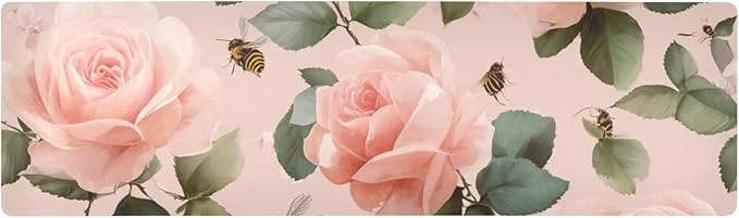 Pastel Pink Rose and Honeybees Trivet Table Runner Heat Resistant 230F for Hot Dishes Pots Plates Kitchen Dining Table Protector Decorative 39.37 X 11.8 Inch